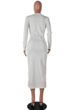 Elegant Polyester Long Sleeve Notched Neck Long Dress SMY8036
