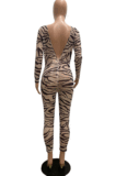 Sexy Polyester Leopard Long Sleeve Deep V Neck Backless Bodycon Jumpsuit GLS8014