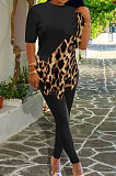 Cute Polyester Leopard Spliced Five Minutes Of Sleeve Pants Sets OMY8073
