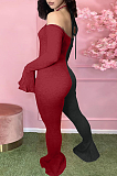 Casual Sexy Simplee Long Sleeve Strappy Off Shoulder Flounce Contrast Panel Bodycon Jumpsuit YSS8048