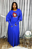 OL Style Lipstick Print Bishop Sleeve Round Neckline Long Dress YFS2027