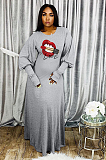 OL Style Lipstick Print Bishop Sleeve Round Neckline Long Dress YFS2027