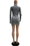 Sexy Polyester Plaid Extra-Long Sleeve High Neck Mini Dress GLS8027