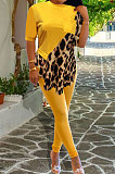 Cute Polyester Leopard Spliced Five Minutes Of Sleeve Pants Sets OMY8073