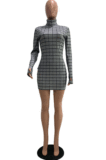 Sexy Polyester Plaid Extra-Long Sleeve High Neck Mini Dress GLS8027