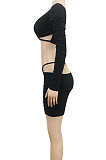 Sexy Polyester Long Sleeve Spliced Crop Top Cross Strap Short SkirtXZ3684