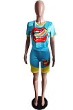 Casual Preppy Sporty Mouth Graphic Short Sleeve Round Neck Shorts Sets ABL4001