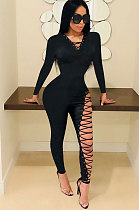 The Streets Polyester Long Sleeve Mid Waist Knotted Strap Bodycon Jumpsuit NK181