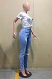 Casual Basics Simplee Contrast Panel Distressed High Waist Skinny Pants Jeans D8387