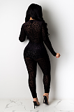 Casual fashion sexy mesh flocking leopard print long sleeve perspective jumpsuit SY8387