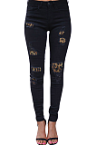 Casual Basics Simplee Leopard Gingham Ripped Mid Waist Jeans D8388