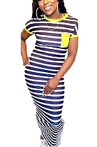 Casual Cute Simplee Striped Short Sleeve Round Neck Long Dress BLE2026