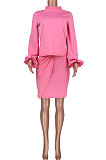 Casual PolyesterLoose Long Sleeve Round Collar Skirts  SetsMDF5167
