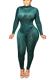 Casual fashion sexy mesh flocking leopard print long sleeve perspective jumpsuit SY8387