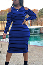 Casual Basics Simplee Striped Long Sleeve Round Neck Off Shoulder Dress