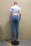 Casual Blazer Guipure Lace Distressed Long Pants Jeans D8383