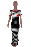 Casual Cute Simplee Striped Short Sleeve Round Neck Long Dress BLE2026