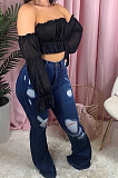 Casual Basics Simplee Distressed High Waist Flare Leg Pants Jeans D8386
