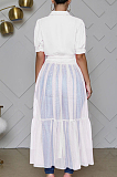 Modest Organza Pure Color Short Sleeve Lapel Neck Mid Waist Long Dress QY0317