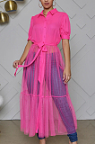 Modest Organza Pure Color Short Sleeve Lapel Neck Mid Waist Long Dress QY0317