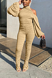 Casual pleated slit pants with bubble sleeves and open back sport jumpsuit  QQ5209