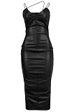 Sexy Pu Leather Cold Shoulder Mid Waist Open Fork Package Hip Skirt Club SuitKA7119