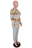 Casual Preppy Sporty Leopard Long Sleeve Spliced Hoodie Long Pants Sets 