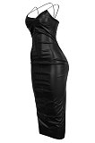 Sexy Pu Leather Cold Shoulder Mid Waist Open Fork Package Hip Skirt Club SuitKA7119