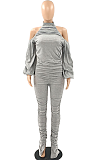 Casual pleated slit pants with bubble sleeves and open back sport jumpsuit  QQ5209
