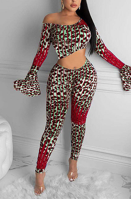 Casual and lovely sexy leopard print horn sleeve two-piece set MTY6329