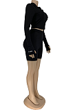 Casual Modest Simplee Extra-Long Sleeve Lapel Neck Crop Top Shorts Sets DN8530