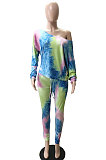 Casual Cotton Tie Dye Long Sleeve Inclined Shoulder Two-PieceWT9002