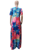 Casual Tie Dye Short Sleeve Long Dress Wide Collar  Dress WT9010