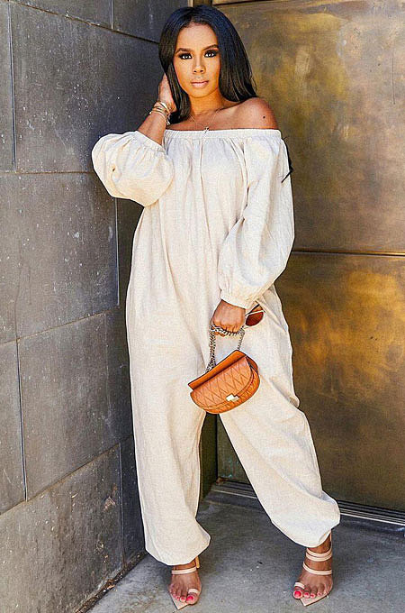 Casual Polyester Long Sleeve A Word Shoulder Pure Color Loose Casual Jumpsuit  OLY6017