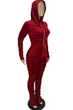Polyester Pleated  Color Zipper  Hoodie Casual Jumpsuit  WJ5110