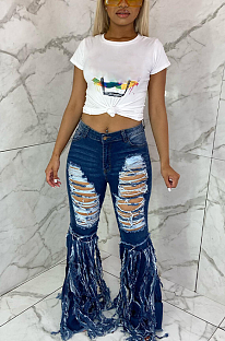 Casual fringed ripped flared jeans JLX6035