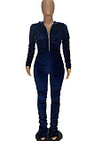 Polyester Pleated  Color Zipper  Hoodie Casual Jumpsuit  WJ5110