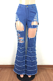 Casual worsted ripped layered stacked flared stretch sexy jeans LA3221