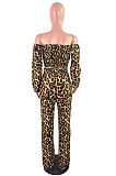 Casual pleated one-line shoulder lantern sleeve top leopard print suit JLX8005