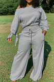 Casual Long Sleeve Tie Cuffs Round Neck Waist Tie Pants Sets  OLY6021
