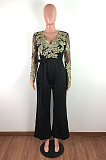 Casual water soluble lace V - neck long - sleeved wide - leg jumpsuit JLX9395