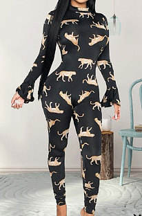 Sexy Polyester Animal Graphic Long Sleeve Halterneck Bodycon Jumpsuit  WT9022