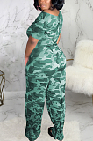 Casual Sexy Simplee Camo Short Sleeve Off Shoulder Waist Tie  Wide Leg Jumpsuits SMR9686