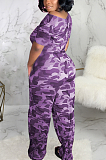 Casual Sexy Simplee Camo Short Sleeve Off Shoulder Waist Tie  Wide Leg Jumpsuits SMR9686
