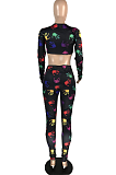 Casual Modest Cute Cartoon Graphic Long Sleeve Crop Top Pants Sets WXY8509