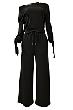 Casual Modest Simplee Long Sleeve Self Belted Wide Leg Pants Sets 