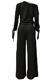 Casual Modest Simplee Long Sleeve Self Belted Wide Leg Pants Sets 
