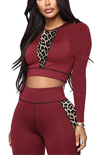 Modest Sexy Simplee Leopard Long Sleeve Round Neck Crop Top Sets WXY8098