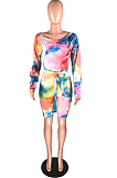 Casual Modest Simplee Tie Dye Long Sleeve Halterneck Notched Neck Waist Tie Jumpsuits WXY8018