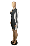 Casual Modest Simplee Long Sleeve Deep V Neck Contrast Panel Mini Dress SH7219